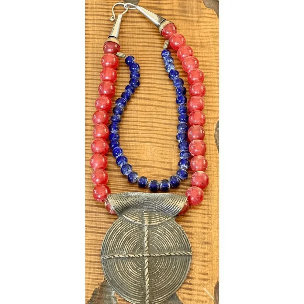 Ashanti Ghana Double Strand 18 Inch Glass Bead Necklace With Brass Pendant